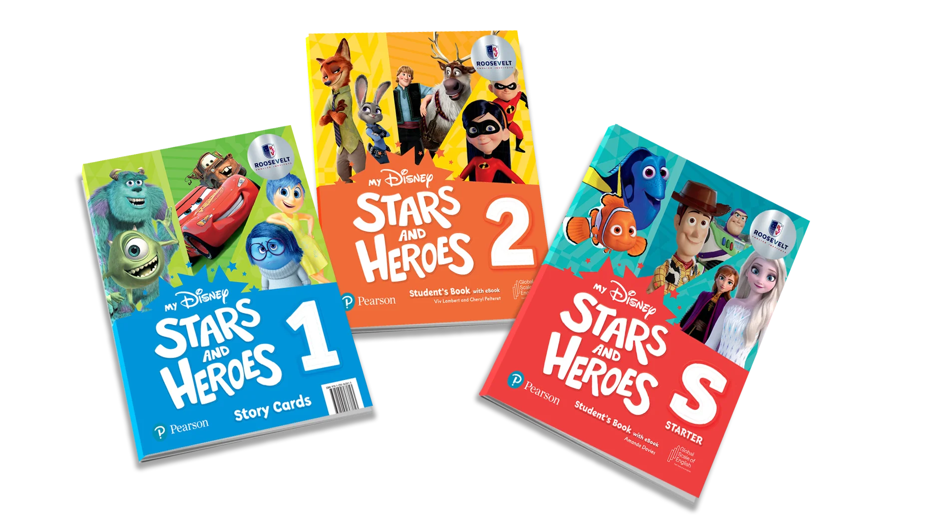 Libros de texto Disney Stars and Heroes abiertos mostrando personajes de películas.