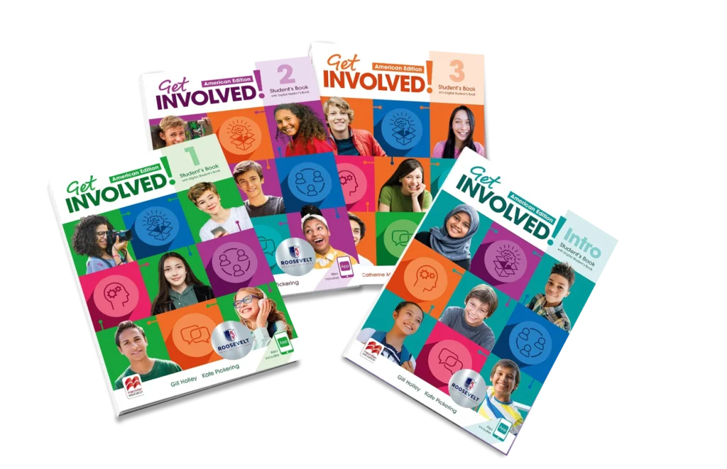 Portadas coloridas de los libros Get Involved para niveles juveniles.