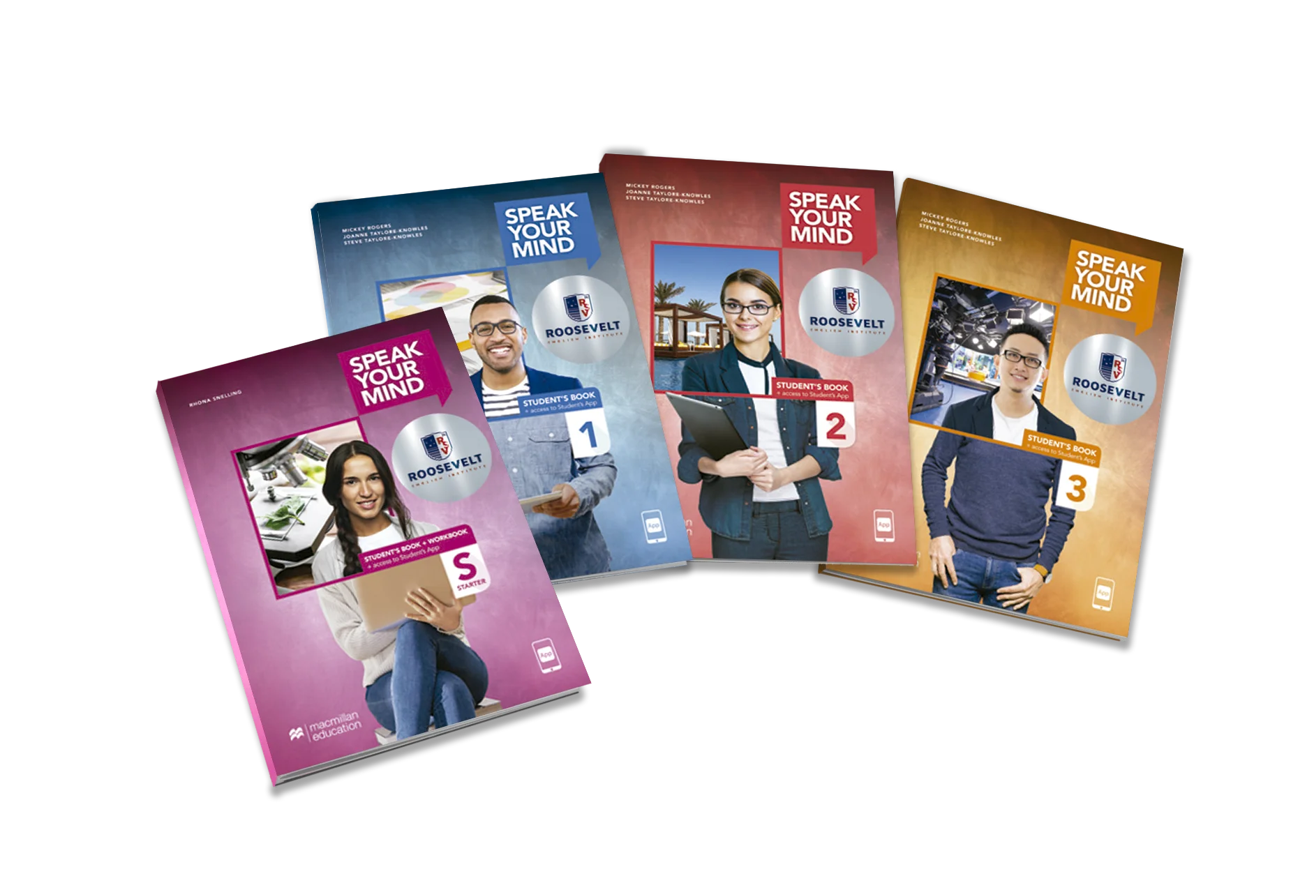 Colección de libros Speak Your Mind de Macmillan sobre un escritorio de estudio para adultos.